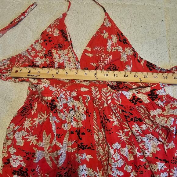 Aakaa Anthropologie Sz Large Rayon Cherry Red Floral Halter Tank Slip Sun Dress - Picture 7 of 13